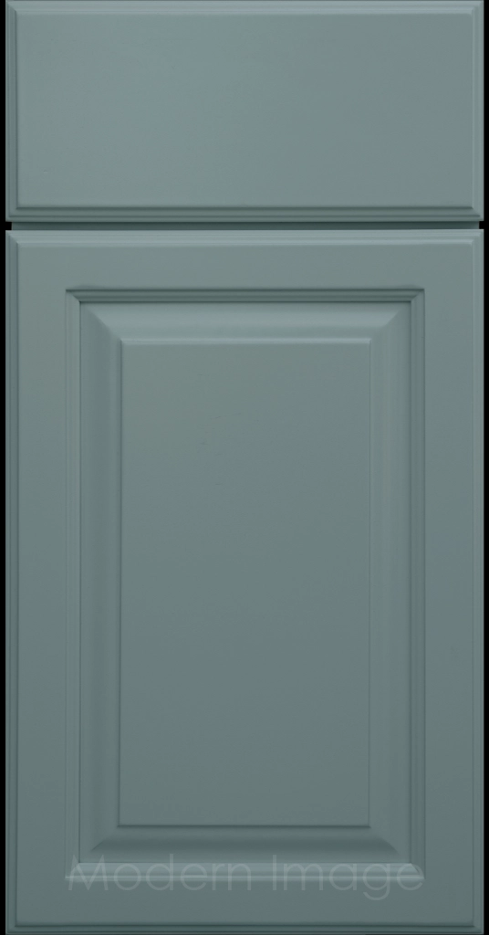 Hampton kitchen cabinets featuring raised panel doors and flat slab drawer fronts in a Sage color.